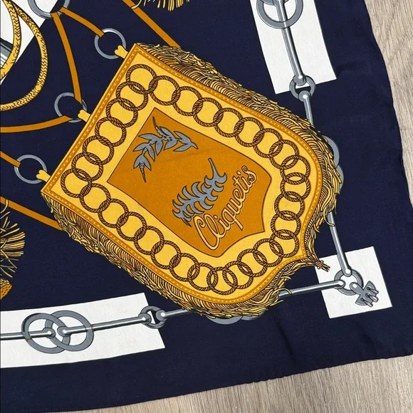 Hermes Navy, Gold & White Silk Scarf with Equestrian Hardware Motif - Picture 3 of 5